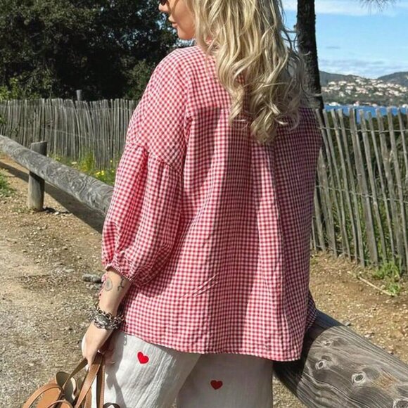 Red and White Casual Women's Plaid Print Tie Front Lantern Sleeve Blouse - Picture 2 of 4